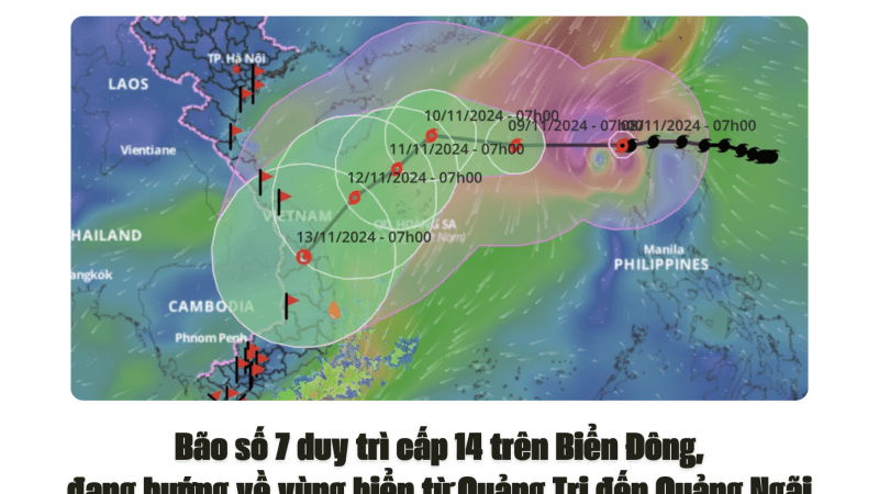 Bão số 7 duy trì cấp 14 trên Biển Đông, đang hướng về vùng biển từ Quảng Trị đến Quảng Ngãi